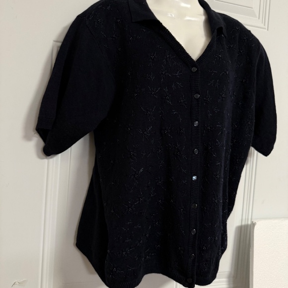 Lane Bryant Designs Blue Button Up Top SZ 14/16 Embroidered Beaded Shoulder Pads - Picture 2 of 4